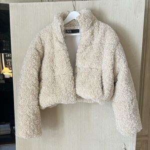 Zara Beige Textured Cropped Jacket